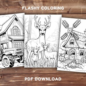 May include: Three black and white colouring pages featuring a farmhouse with a tractor, a deer with two fawns, and a windmill with a small house. The text "FLASHY COLOURING" is at the top of the image and "PDF DOWNLOAD" is at the bottom.
