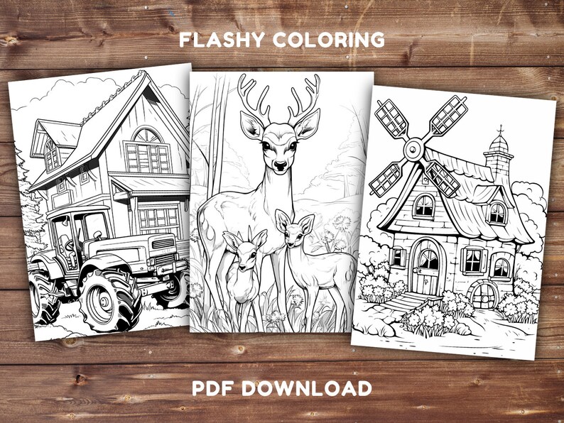 May include: Three black and white colouring pages featuring a farmhouse with a tractor, a deer with two fawns, and a windmill with a small house. The text "FLASHY COLOURING" is at the top of the image and "PDF DOWNLOAD" is at the bottom.