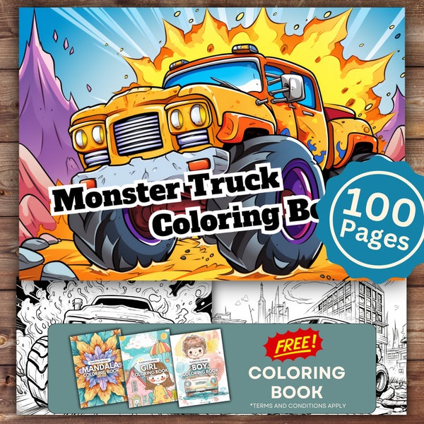 100 Monster Truck Coloring Sheet, Monster Truck Coloring Book, INSTANT DOWNLOAD, Printable Coloring,  Fun Kids Activity,  Kids Coloring Book