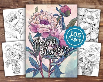 Libro para colorear de flores de peonía / DESCARGA INSTANTE / Páginas para colorear imprimibles / Coloración de flores de peonía / Amante de las flores / Coloración para adultos y niños