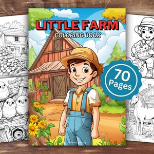 May include: A black and white colouring book cover featuring a cartoon farmer holding a basket of chicks. The cover reads "Little Farm Colouring Book" and "70 Pages".