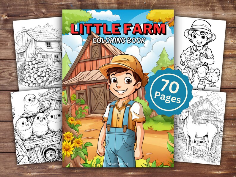 May include: A black and white colouring book cover featuring a cartoon farmer holding a basket of chicks. The cover reads "Little Farm Colouring Book" and "70 Pages".