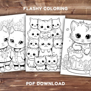 Puede incluir: Tres p&aacute;ginas para colorear en blanco y negro con lindos gatos. La primera p&aacute;gina muestra dos gatos con sudaderas con capucha, la segunda p&aacute;gina muestra una pila de gatos y la tercera p&aacute;gina muestra un gato sentado en un pastel.