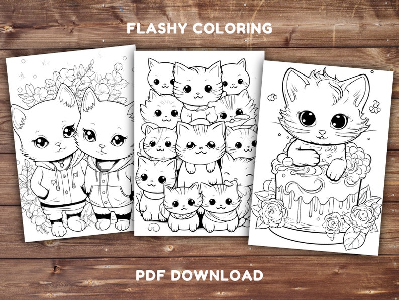 Puede incluir: Tres p&aacute;ginas para colorear en blanco y negro con lindos gatos. La primera p&aacute;gina muestra dos gatos con sudaderas con capucha, la segunda p&aacute;gina muestra una pila de gatos y la tercera p&aacute;gina muestra un gato sentado en un pastel.