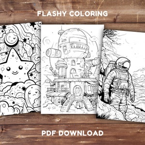 May include: Three black and white coloring pages featuring a space-themed design. The first page features a large star with a smiling face surrounded by smaller stars and clouds. The second page features a space station with a large dome and multiple levels. The third page features an astronaut standing on a rocky surface with a planet in the background.