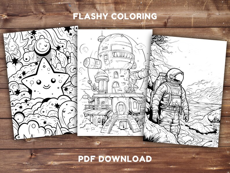 May include: Three black and white coloring pages featuring a space-themed design. The first page features a large star with a smiling face surrounded by smaller stars and clouds. The second page features a space station with a large dome and multiple levels. The third page features an astronaut standing on a rocky surface with a planet in the background.