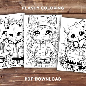 Puede incluir: Tres p&aacute;ginas para colorear en blanco y negro con lindos gatos de dibujos animados. La primera p&aacute;gina muestra dos gatos con sudaderas con capucha, la segunda p&aacute;gina muestra un gato con un impermeable y la tercera p&aacute;gina muestra un gato sentado en un pastel.