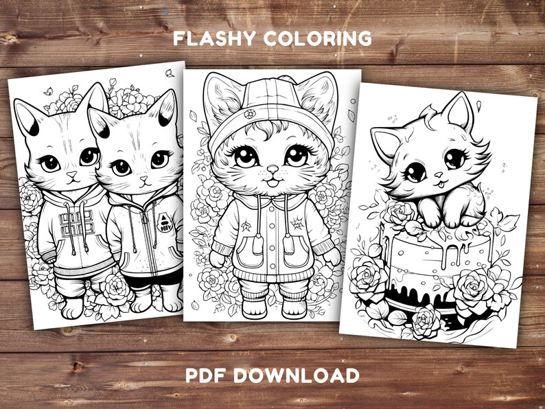 Puede incluir: Tres p&aacute;ginas para colorear en blanco y negro con lindos gatos de dibujos animados. La primera p&aacute;gina muestra dos gatos con sudaderas con capucha, la segunda p&aacute;gina muestra un gato con un impermeable y la tercera p&aacute;gina muestra un gato sentado en un pastel.