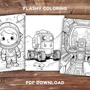 May include: A black and white coloring page set featuring three space-themed illustrations: an astronaut, a rover, and a spaceship cockpit. The set is titled "FLASHY COLORING" and includes the text "PDF DOWNLOAD".