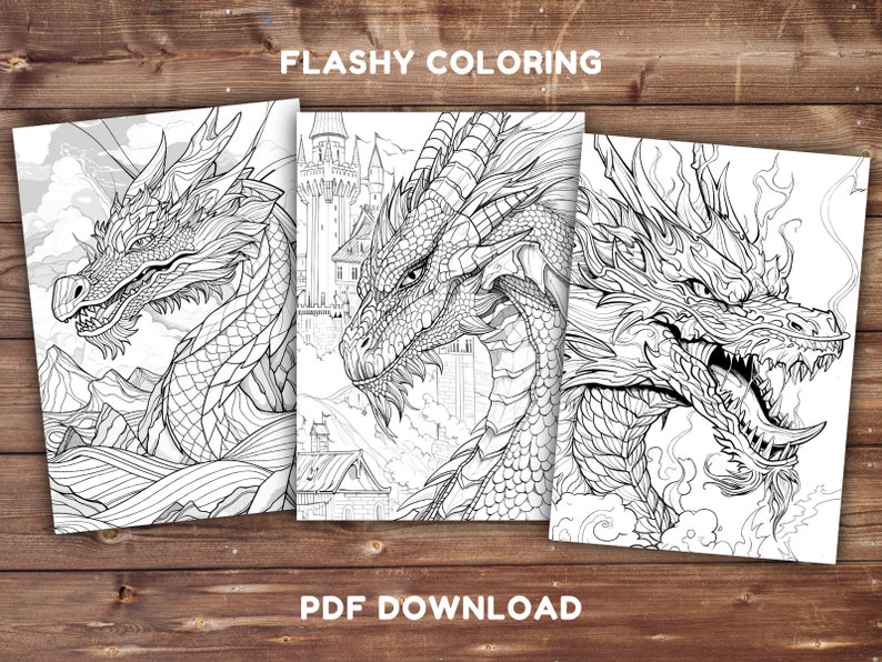 May include: Three black and white line drawings of dragons. Each dragon is facing forward with its mouth open. The dragons are detailed with scales and have a castle in the background.