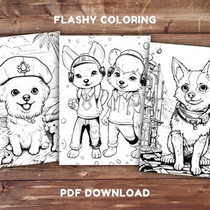 May include: Black and white coloring pages featuring three different animals: a dog wearing a sailor hat, two furry creatures wearing headphones, and a dog wearing a collar with a tag. The coloring pages are titled "FLASHY COLORING" and "PDF DOWNLOAD".