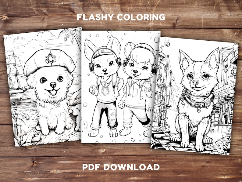 May include: Black and white coloring pages featuring three different animals: a dog wearing a sailor hat, two furry creatures wearing headphones, and a dog wearing a collar with a tag. The coloring pages are titled "FLASHY COLORING" and "PDF DOWNLOAD".
