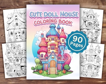 May include: A coloring book featuring cute doll houses. The cover shows a colorful, whimsical doll house with a blue door and pink, yellow, and green accents. The title "Cute Doll House Coloring Book" is written in pink and blue letters. The book has 90 pages.