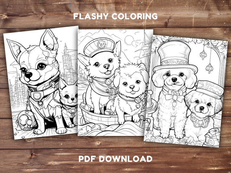 May include: Three black and white coloring pages featuring adorable dogs in different outfits. The first page shows a dog wearing a futuristic helmet and armor, the second page shows a dog wearing a sailor hat and life preserver, and the third page shows a dog wearing a top hat and bow tie.