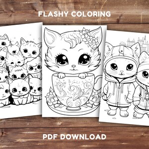 Puede incluir: Una p&aacute;gina para colorear imprimible con tres ilustraciones diferentes de gatos lindos. La primera imagen muestra un grupo de gatitos acurrucados juntos. La segunda imagen muestra un solo gato asom&aacute;ndose a una taza de t&eacute;. La tercera imagen muestra dos gatos con ropa de invierno.