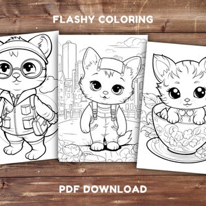 Puede incluir: Tres p&aacute;ginas para colorear en blanco y negro con lindos gatos de dibujos animados. El primer gato lleva una chaqueta y gafas, el segundo gato lleva un mono y el tercer gato est&aacute; sentado en una taza de t&eacute;.