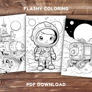 May include: Three black and white coloring pages featuring space-themed illustrations. The first page shows a futuristic space station with a large, round window. The second page shows an astronaut wearing a helmet and spacesuit. The third page shows a rover with a large, round window.