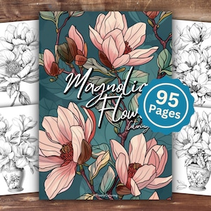 Livro para colorir de flor de magnólia | DOWNLOAD INSTANTÂNEO | Páginas para colorir para impressão | Desenhos de flor de magnólia para colorir | Coloração para adultos e crianças