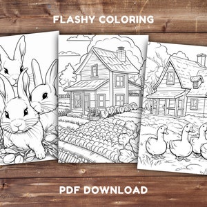 May include: Three black and white colouring pages featuring a farmhouse, a family of ducks, and three bunnies. The pages are titled "Flashy Colouring" and "PDF Download".
