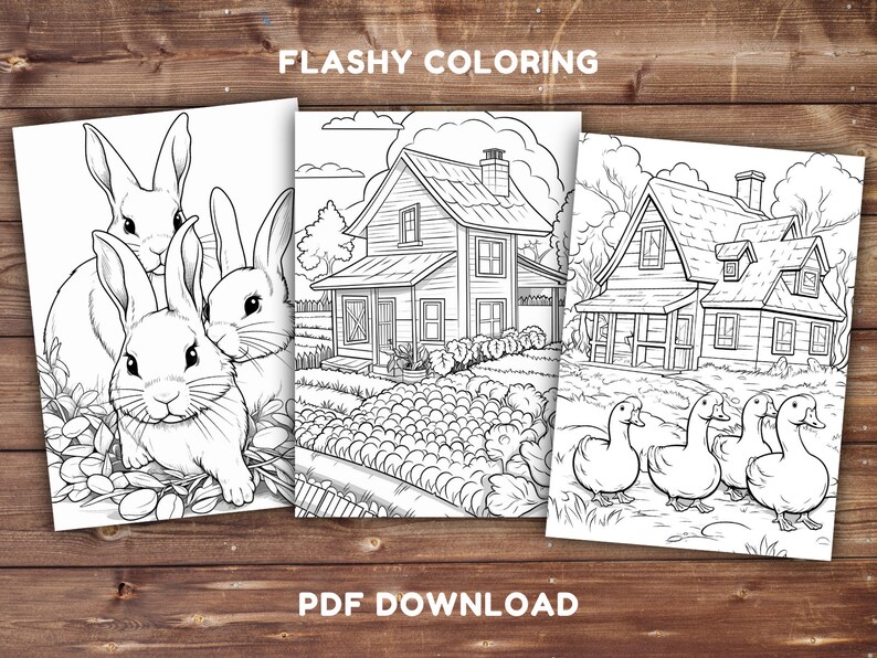 May include: Three black and white colouring pages featuring a farmhouse, a family of ducks, and three bunnies. The pages are titled "Flashy Colouring" and "PDF Download".