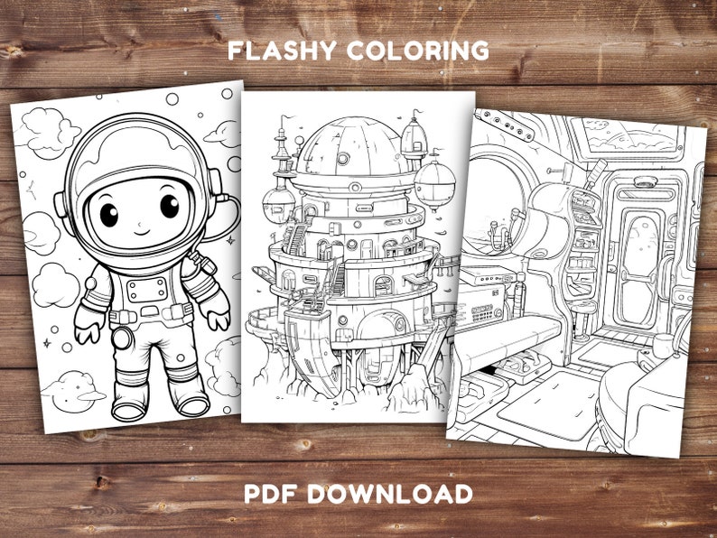 May include: A black and white coloring page set featuring three illustrations: an astronaut, a space station, and the interior of a spaceship. The set is titled "Flashy Coloring" and includes the text "PDF Download".
