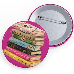 Colorful Books Pin – Library Stack Button, Book Lover Gift, Reading Aesthetic Pinback, Bookworm Accessory