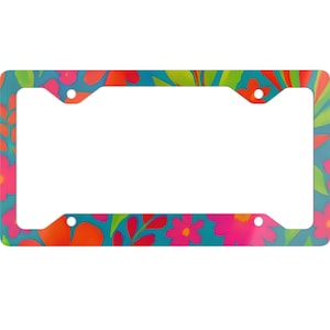 Tropical Aloha License Plate Frame – Vibrant Island Vibes Car Accessory, Palm Leaves & Hibiscus Floral Design