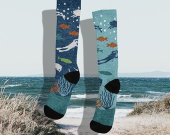 Scuba Diving Colorful Novelty Socks, Fun Scuba Diver Gift, Cool Adult Men Diver Socks, Comfy and Cozy Socks for Women