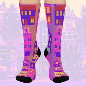 European Houses Crew Socks, Colorful Amsterdam Row Homes, One Size Unisex Travel Socks