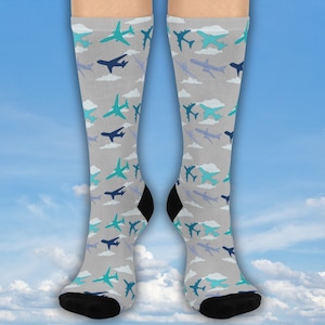 Airplane Crew Socks, Men and Women Fun Nomad Socks, Colorful Jet Planes and Clouds, Gift for Travelers, Pilots, Flight Crew, Aviation