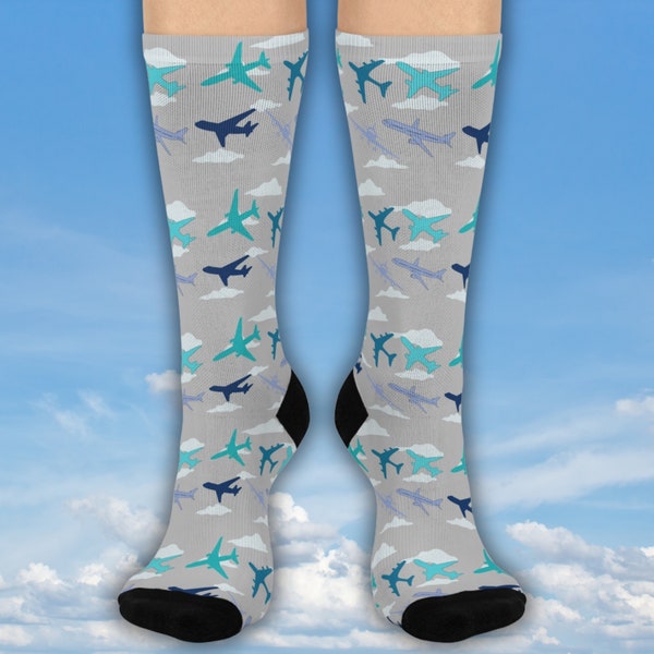 Airplane Crew Socks, Men and Women Fun Nomad Socks, Colorful Jet Planes and Clouds, Gift for Travelers, Pilots, Flight Crew, Aviation