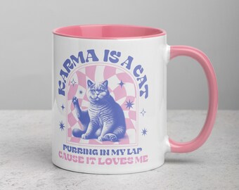 Retro Cat Design Ceramic Coffee Mug, Karma Is A Cat