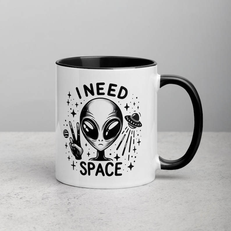 I NEED SPACE, Sarcastic Alien Design Ceramic Coffee Mug, Funny Mugs, Cute Gifts, Gift for Him, Gift for Her, Introvert Mugs