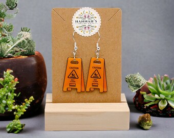Cute Caution Wet Floor sign Safety Earrings, Hypoallergenic silver coated- Unique Gift Idea , gift for her, slippery when Wet Earrings
