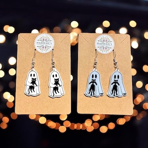 Cute Halloween Ghost Cat Earrings – Hypoallergenic Hooks – Spooky Fall Jewelry for Cat Lovers, gift for het, pet earrings