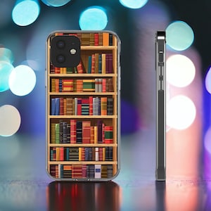 May include: A clear phone case with a bookshelf design featuring rows of colorful books. The case is designed for a phone with a triple camera lens.