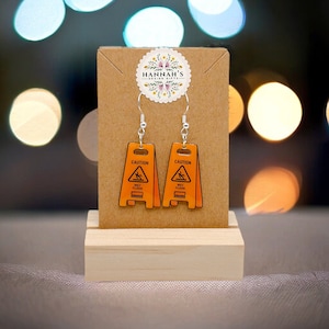 Cute Caution Wet Floor sign Safety Earrings, Hypoallergenic silver coated- Unique Gift Idea , gift for her, slippery when Wet Earrings