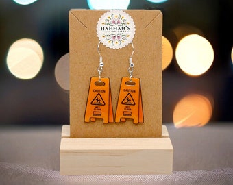 Cute Caution Wet Floor sign Safety Earrings, Hypoallergenic silver coated- Unique Gift Idea , gift for her, slippery when Wet Earrings