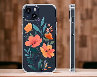 Flower design iphone case, samsung phone clear case. Magsafe iphone 14 13 12 11, Samsung Galaxy S22 S21, floral protective case Transparent