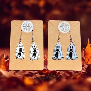 Cute Halloween Ghost Cat Earrings – Hypoallergenic Hooks – Spooky Fall Jewelry for Cat Lovers, gift for het, pet earrings