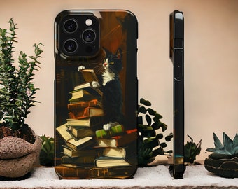 Funda para teléfono Cat and Books - Funda protectora felina amorosa literaria caprichosa, regalo para amantes de los gatos, regalo para amantes de los libros, funda para iPhone, Samsung