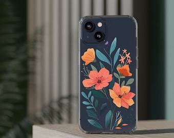 Flower design iphone case, samsung phone clear case. Magsafe iphone 14 13 12 11, Samsung Galaxy S22 S21, floral protective case Transparent