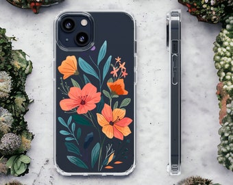 Flower design iphone case, samsung phone clear case. Magsafe iphone 14 13 12 11, Samsung Galaxy S22 S21, floral protective case Transparent