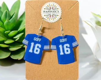 Detroit Lions Jersey Earrings, Handmade Football Jewelry, Jared Goff #16 Earrings, Silver coated Hypoallergenic Sports Fan Gift, lions merch