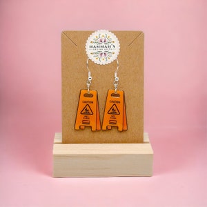Cute Caution Wet Floor sign Safety Earrings, Hypoallergenic silver coated- Unique Gift Idea , gift for her, slippery when Wet Earrings