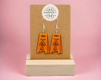 Cute Caution Wet Floor sign Safety Earrings, Hypoallergenic silver coated- Unique Gift Idea , gift for her, slippery when Wet Earrings