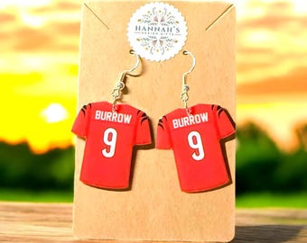 NFL Cincinnati Bengals Joe Burrow #9 Jersey Earrings – Hypoallergenic Silver-Coated, Bengals Merch, gift for her, sport fan