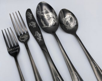 5 Piece Silverware Gift Set - Fishing Set- Personalized Kitchen Utensils - Unique Gifts - Custom Engraved - Personalized Forks - Silverware