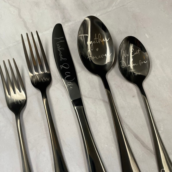 5 Piece Black Silverware Set -Bride and Groom Set - Kitchen Utensils - Wedding Gift - Customize Silverware - Personalize Utensils - Custom