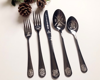 5 Piece Black Silverware Gift Set • HP Collection • Kitchen Utensils • Unique Gift • Custom Engraved • Personalized Sets • Customized